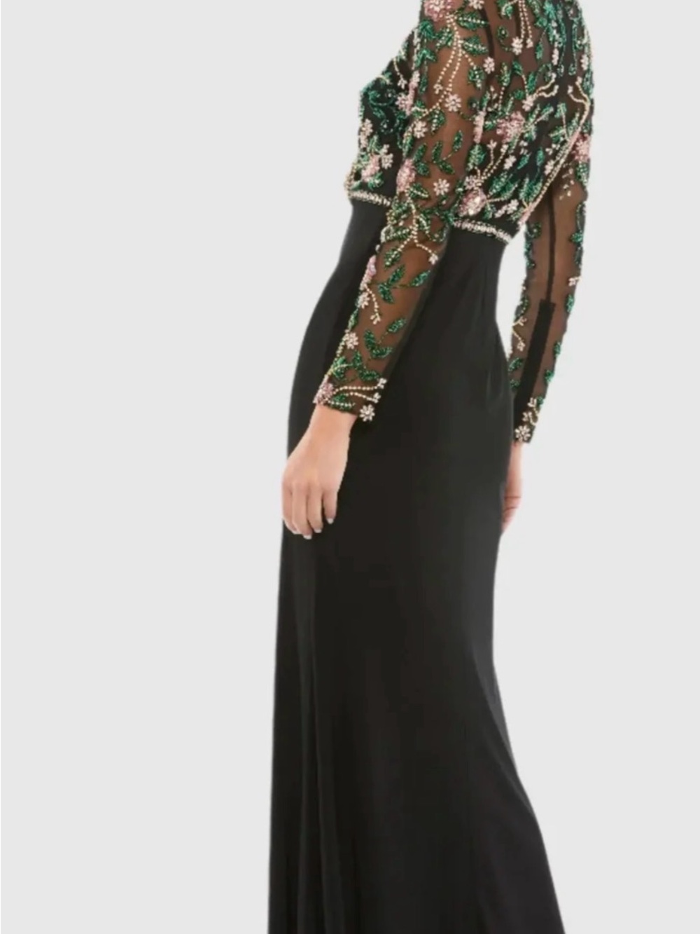 Mac Duggal Black Long Sleeve Gown with Green & Pink Floral Embroidery - Picture 3 of 3